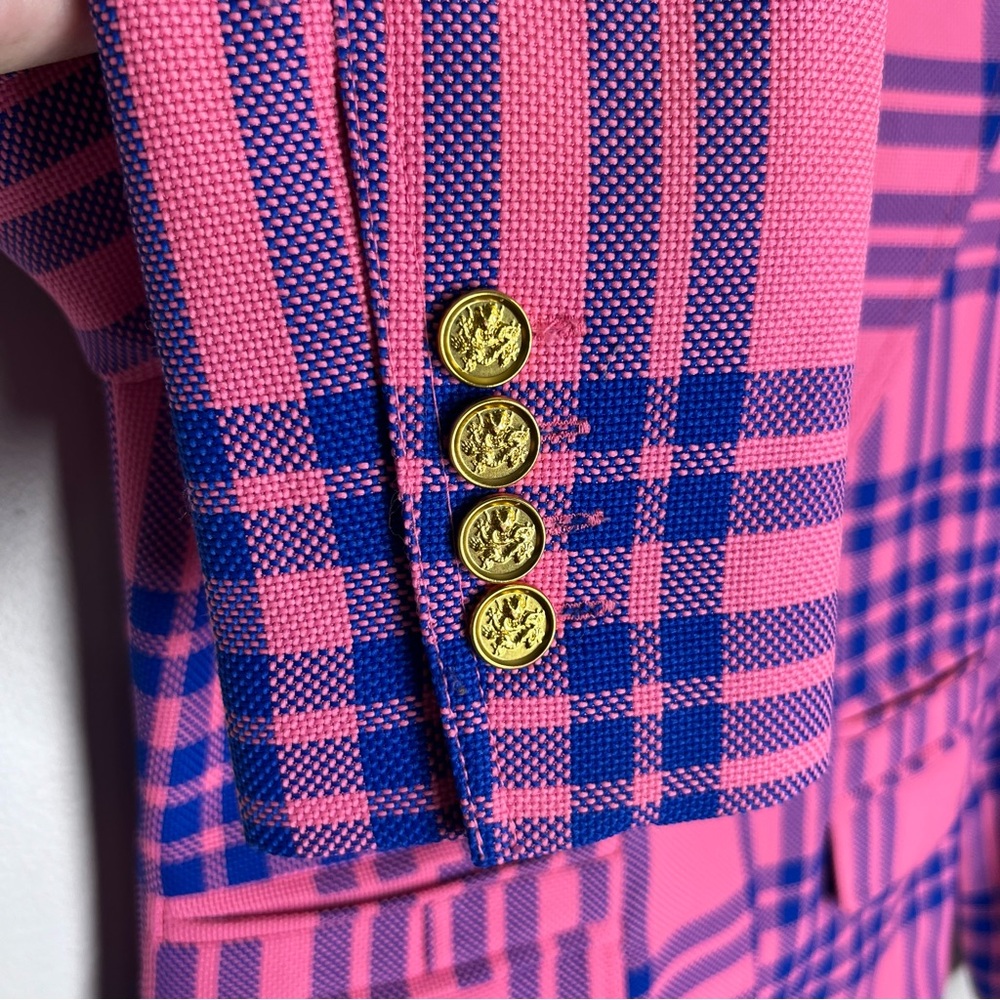 New Smythe Hutton Tailored Cotton Plaid Cutaway Blazer Carnation Pink Plaid Sz6 - Picture 6 of 9